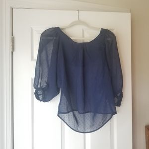 Women's Small Blue Blouse Sheer Navy Open Arms